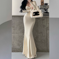 Square Neck Knitted Maxi Dress High Waist Long Sleeve Fishtail Dress - Thumbnail 4