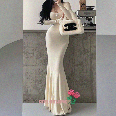 Square neck knitted maxi dress high waist long sleeve fishtail dress - Thumbnail 4