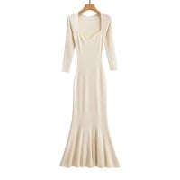 Square Neck Knitted Maxi Dress High Waist Long Sleeve Fishtail Dress - Thumbnail 1