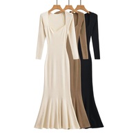Square Neck Knitted Maxi Dress High Waist Long Sleeve Fishtail Dress - Thumbnail 2