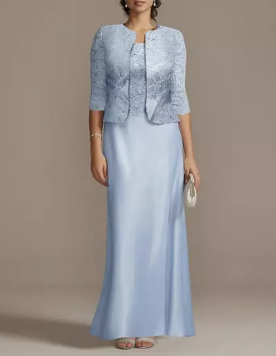 Mother of the Bride/Groom Dress Wedding Guest Elegant Scoop Neck Floor Length 3/4 Length Sleeve Short Jacket Dresses with Lace 