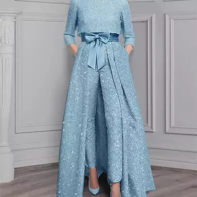 Jumpsuit / pantsuit 2 piece mother of the bride dress formal wedding guest elegant ankle length satin sleeve with bow(s)