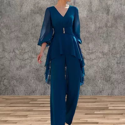 Mother of the bride/groom dresses v-neck half sleeves jumpsuit ruffles floor-length guest dresses for wedding party dress