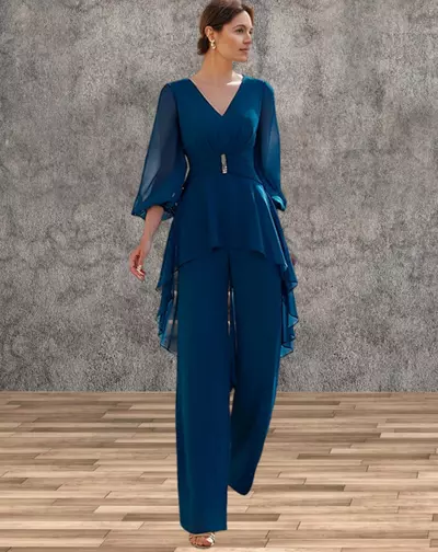 Mother of the Bride/Groom Dresses V-Neck Half Sleeves Jumpsuit Ruffles Floor-Length Guest Dresses For Wedding Party Dress