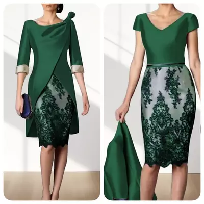 Two piece mother of the bride/ groom dress wedding guest v neck knee length satin lace 3/4 sleeve jacket dresses 