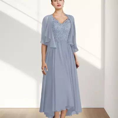 Mother of the bride/ groom dress wedding guest elegant vintage v neck ankle length chiffon lace half sleeve with applique