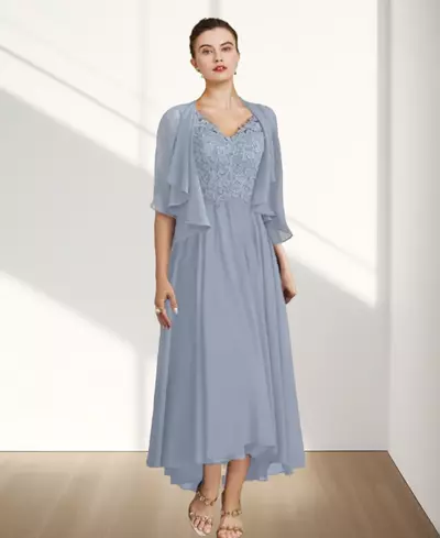 Mother of the Bride/ Groom Dress Wedding Guest Elegant Vintage V Neck Ankle Length Chiffon Lace Half Sleeve with Applique
