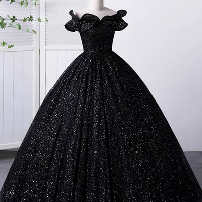 Black tulle long prom dress, off the shoulder a-line evening party dress - Thumbnail 1