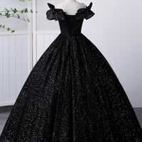 Black Tulle Long Prom Dress, Off the Shoulder A-Line Evening Party Dress - Thumbnail 2