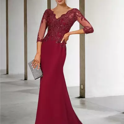 Mermaid / trumpet mother of the bride/ groom dress luxurious elegant v neck court train lace stretch chiffon 3/4 length sleeve