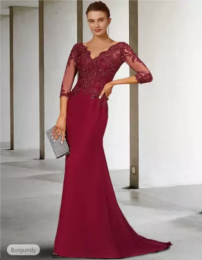 Mermaid / Trumpet Mother of the Bride/ Groom Dress Luxurious Elegant V Neck Court Train Lace Stretch Chiffon 3/4 Length Sleeve