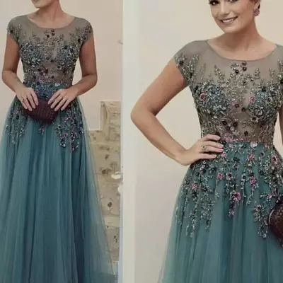 Classic o-neck short sleeve mother of the bride/ groom dress for wedding sparkly bead flower prom dress elegant customized evening gown