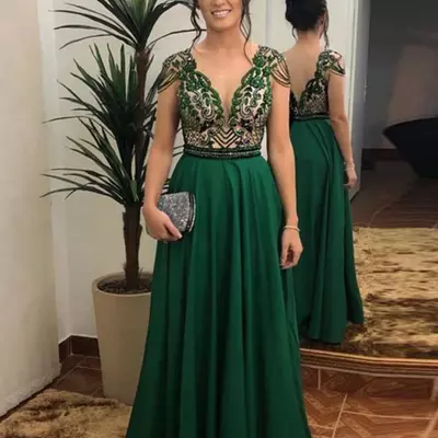 Sexy deep v-neck mother of the bride/ groom dress for wedding sparkly beads prom dress customized graceful green a-line evening gown