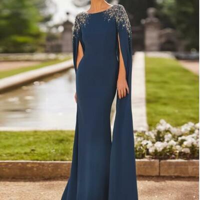Simple blue mother of bride/ groom dress with shawl evening formal gowns prom dress