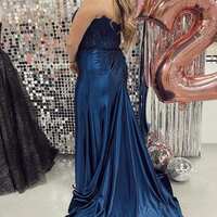 Strapless Navy Blue Formal Dress Lace Mermaid Long Ruching Slit - Thumbnail 1