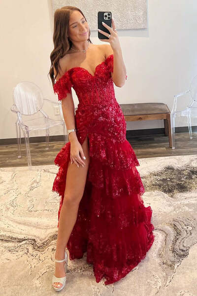 Red Tiered Long Prom Dress Sequin-Embroidery Off-the-Shoulder