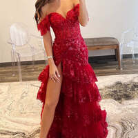 Red Tiered Long Prom Dress Sequin-Embroidery Off-the-Shoulder - Thumbnail 4