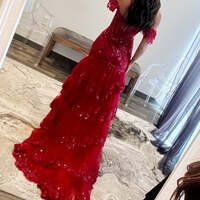 Red Tiered Long Prom Dress Sequin-Embroidery Off-the-Shoulder - Thumbnail 5