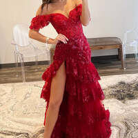 Red Tiered Long Prom Dress Sequin-Embroidery Off-the-Shoulder - Thumbnail 6