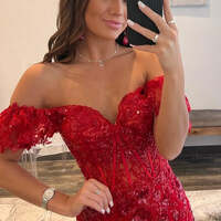 Red Tiered Long Prom Dress Sequin-Embroidery Off-the-Shoulder - Thumbnail 7