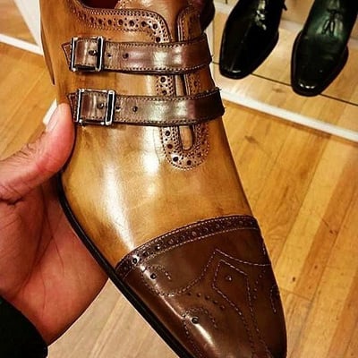 Premium quality handmade men's two tone shoes, double monk strap leather shoes