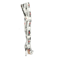 White Letter Print Pointed Toe High Heel Over Knee Boots - Thumbnail 3