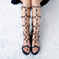 Black Flat Buckle Knee High Gladiator Sandals - Thumbnail 1