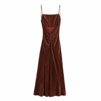 Velvet Strap Sleeveless Pleated Midi Long Dress - Thumbnail 1