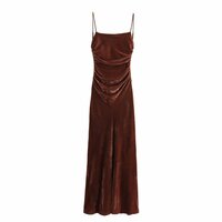 Velvet Strap Sleeveless Pleated Midi Long Dress - Thumbnail 2