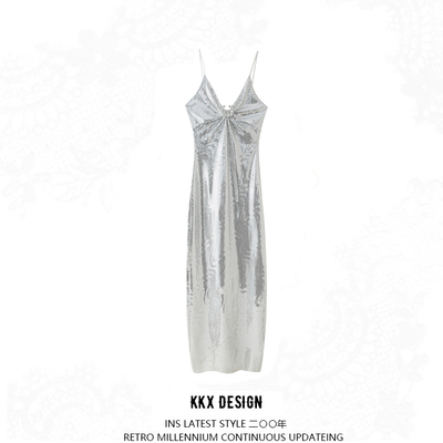 Fashionable and simple sequined long hollow decoration suspender dress