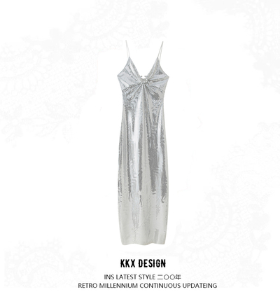 Fashionable and simple sequined long hollow decoration suspender dress
