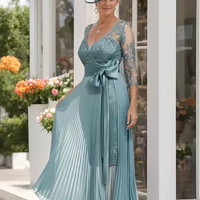 Two piece sheath / column mother of the bride/ groom dress elegant detachable v neck lace 3/4 length sleeve with bow 