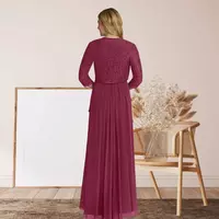 Mother of Bride/Groom Dresses Floor Length 3/4 Length Sleeve Wrap Wedding Guest Dresses with Crystal Lace - Thumbnail 1