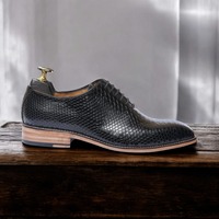 Handmade Black Python Texture Leather Shoes, Men's Oxford Shoes - Thumbnail 3