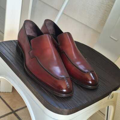 Classic men's handmade brown loafer split toe style leather shoes