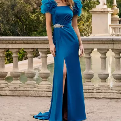 Blue shealth mother of the bride/groom dresses side slit groom mother dresses for weddings ﻿