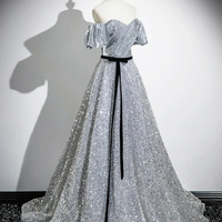 Sparkly Silver Sequins Floor Length Prom Party Dress  - Thumbnail 1