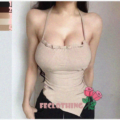 Irregular halterneck tube top with built-in breast pads