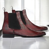 Handmade Burgundy Python Chelsea Luxury Boot For Men's  - Thumbnail 1