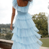Beautiful Sky Blue Square Neck Tiered Tulle Long Evening Dresses - Thumbnail 1