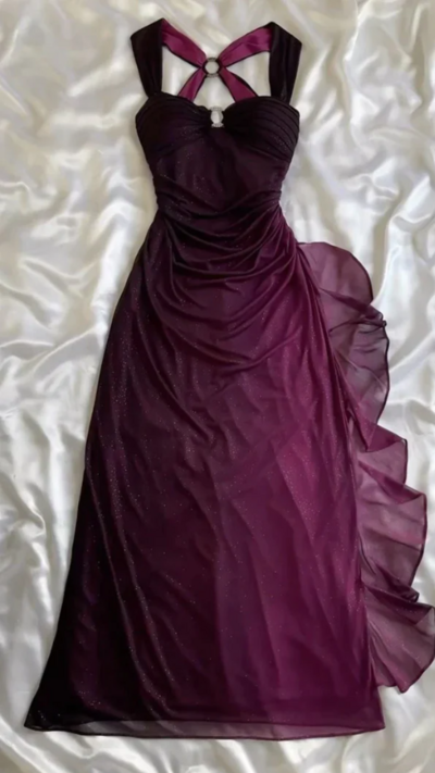 Charming Straps Grape Backless Long Chiffon Prom Dresses