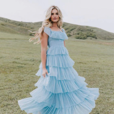 Beautiful sky blue square neck tiered tulle long evening dresses - Thumbnail 3