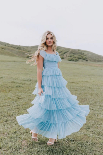 Beautiful Sky Blue Square Neck Tiered Tulle Long Evening Dresses