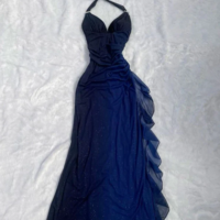 Halter Navy Blue Long Chiffon Prom Dresses - Thumbnail 2