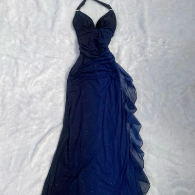 Halter navy blue long chiffon prom dresses