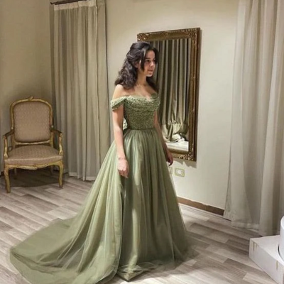 Gorgeous off shoulder green mermaid tulle prom dresses with sequin - Thumbnail 4