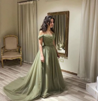 Gorgeous Off Shoulder Green Mermaid Tulle Prom Dresses With Sequin