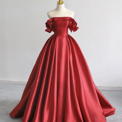 Red satin long prom dress, a-line off the shoulder party dress - Thumbnail 2