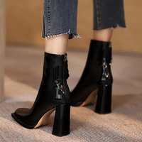 Women's high heel ankle boots square toe thick heel boots 2 colors - Thumbnail 1