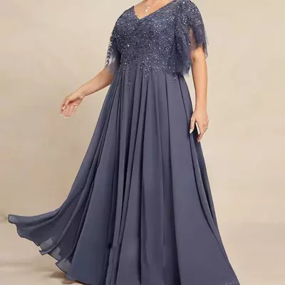 Plus size applique mother of the bride/groom dresses for weddings chiffon wedding party dress applique v-neck wedding guest dress